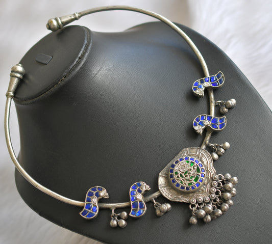 Silver tone blue-green kundan jadau swan hasli necklace dj-40190