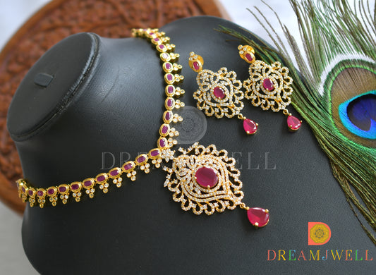 Gold tone cz-ruby-white bridal necklace set dj-07481