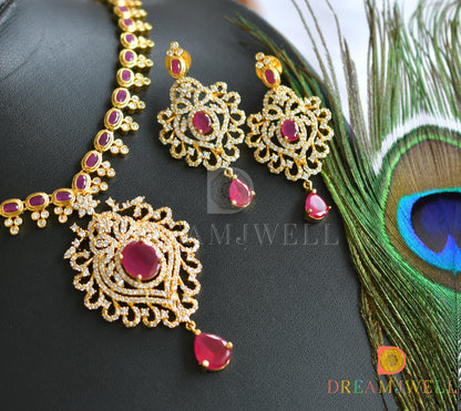 Gold tone cz-ruby-white bridal necklace set dj-07481