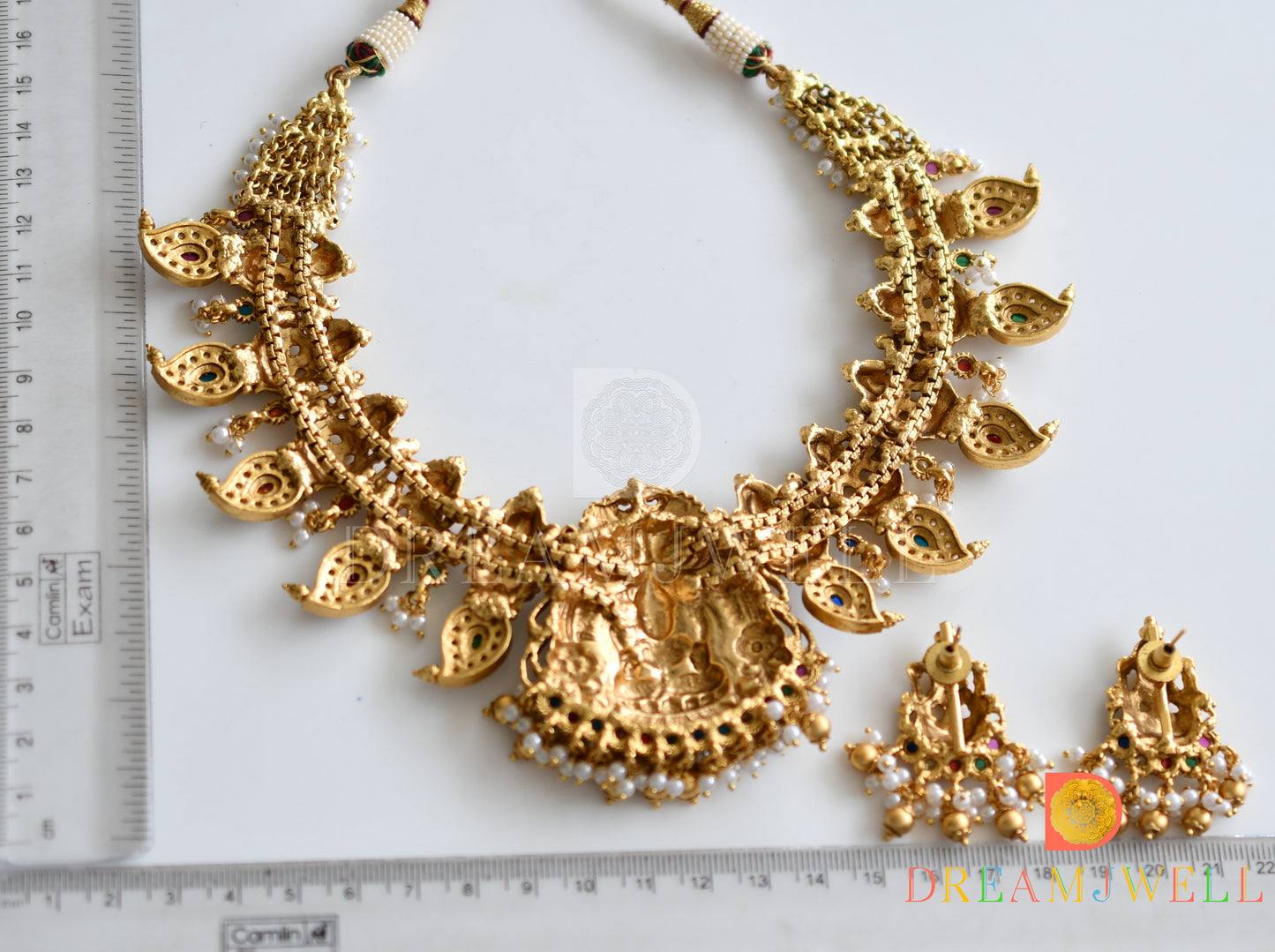 Antique gold navarathna stones lakshmi-mongo designer necklace set dj-34204
