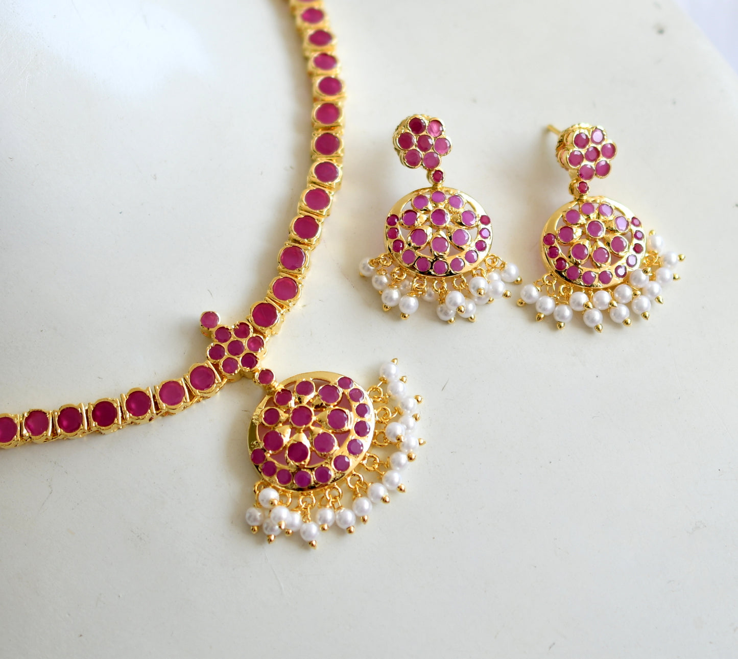 Gold tone ruby south Indian style attigai/necklace set dj-28351