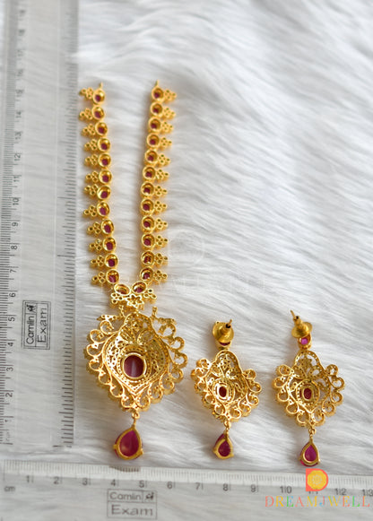 Gold tone cz-ruby-white bridal necklace set dj-07481