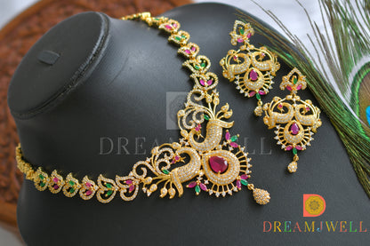 Gold tone cz-ruby-emerald-white bridal peacock necklace set dj-05810