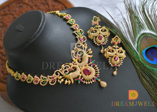 Gold tone cz-ruby-emerald-white bridal peacock necklace set dj-05810