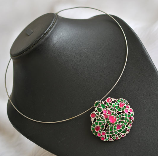 Silver tone pink-green kundan jadau peacock hasli necklace dj-40197