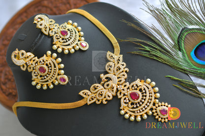 Gold tone cz-ruby pearl peacock necklace set dj-03770