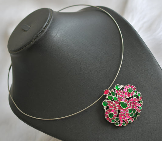 Silver tone pink-green-white kundan jadau peacock hasli necklace dj-40199