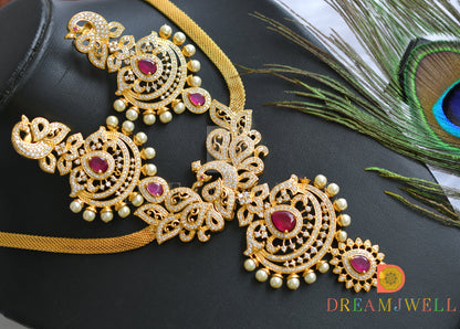 Gold tone cz-ruby pearl peacock necklace set dj-03770