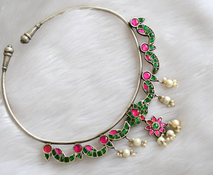 Silver tone green-pink kundan jadau Lotus-peacock hasli necklace dj-40193