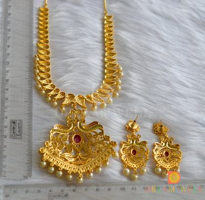 Gold tone semiprecious ruby peacock necklace set dj-03766