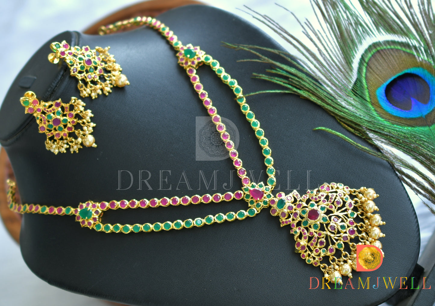 Gold tone ruby-emerald peacock necklace with screw back earrings dj-14519