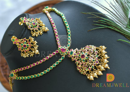 Gold tone ruby-emerald peacock necklace with screw back earrings dj-14519