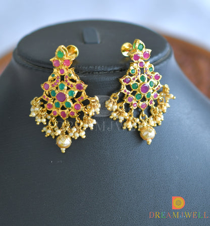 Gold tone ruby-emerald peacock necklace with screw back earrings dj-14519