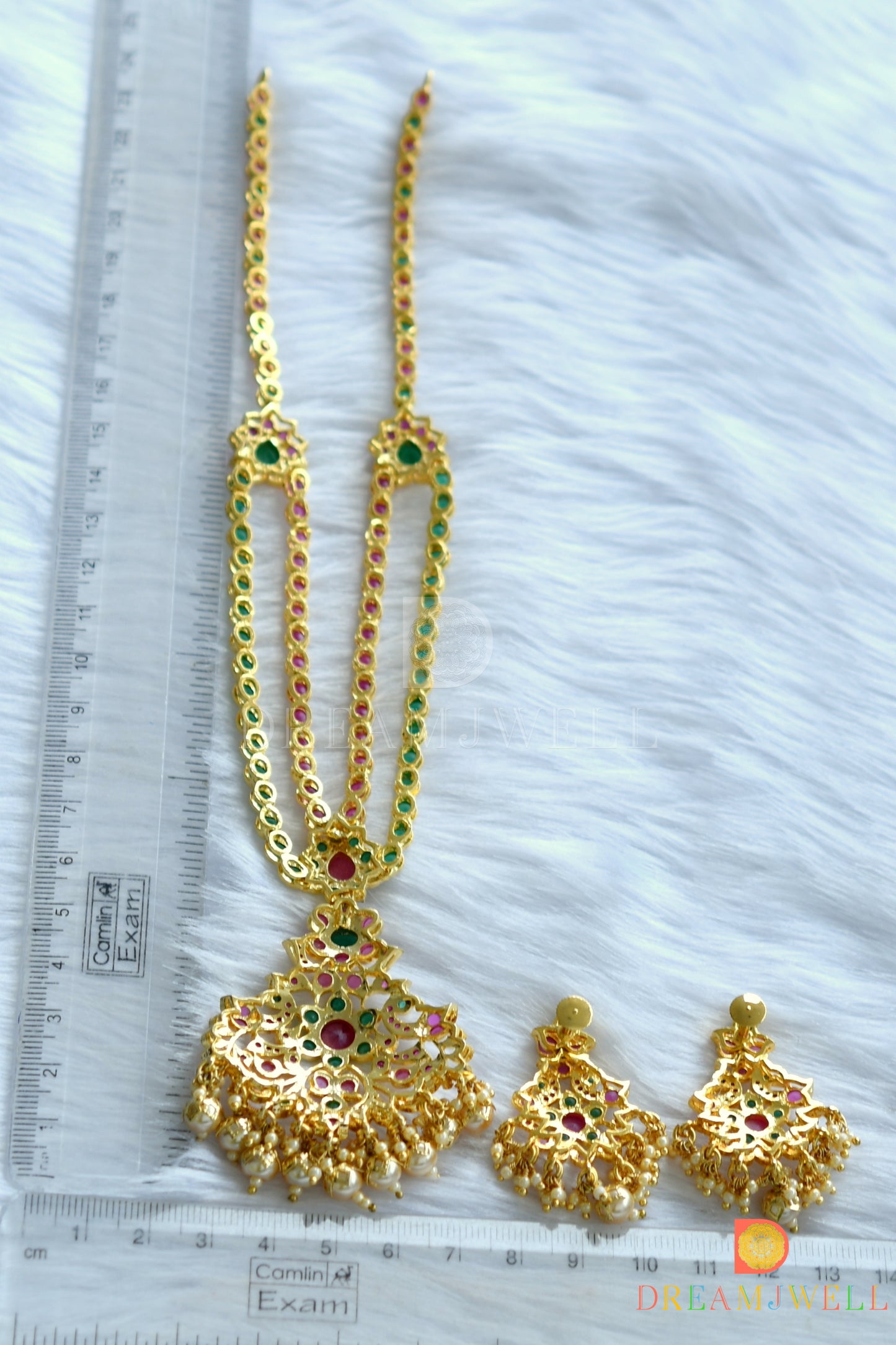 Gold tone ruby-emerald peacock necklace with screw back earrings dj-14519