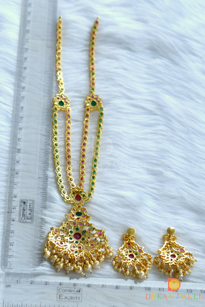 Gold tone ruby-emerald peacock necklace with screw back earrings dj-14519