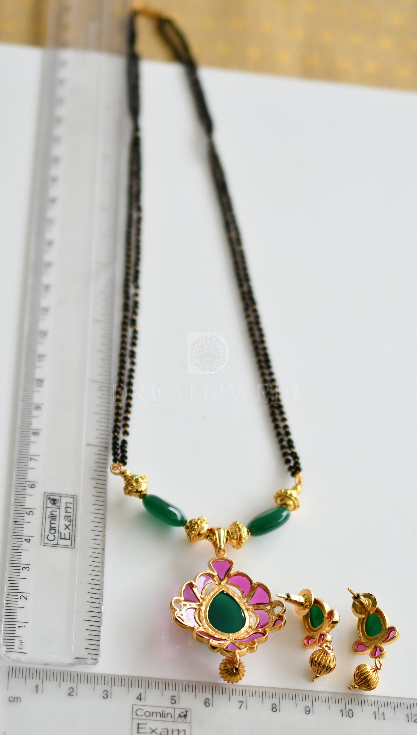 Gold Tone Uncut Ruby-emerald Mangalsutra set dj-12154