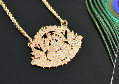 Gold tone ruby-emerald-white south Indian style swan pendant with chain dj-38786