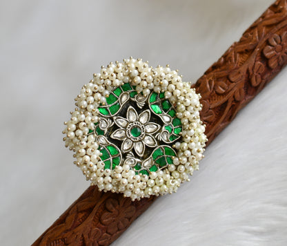 Silver tone pearl cluster green-white kundan jadau peacock adjustable finger ring dj-40203