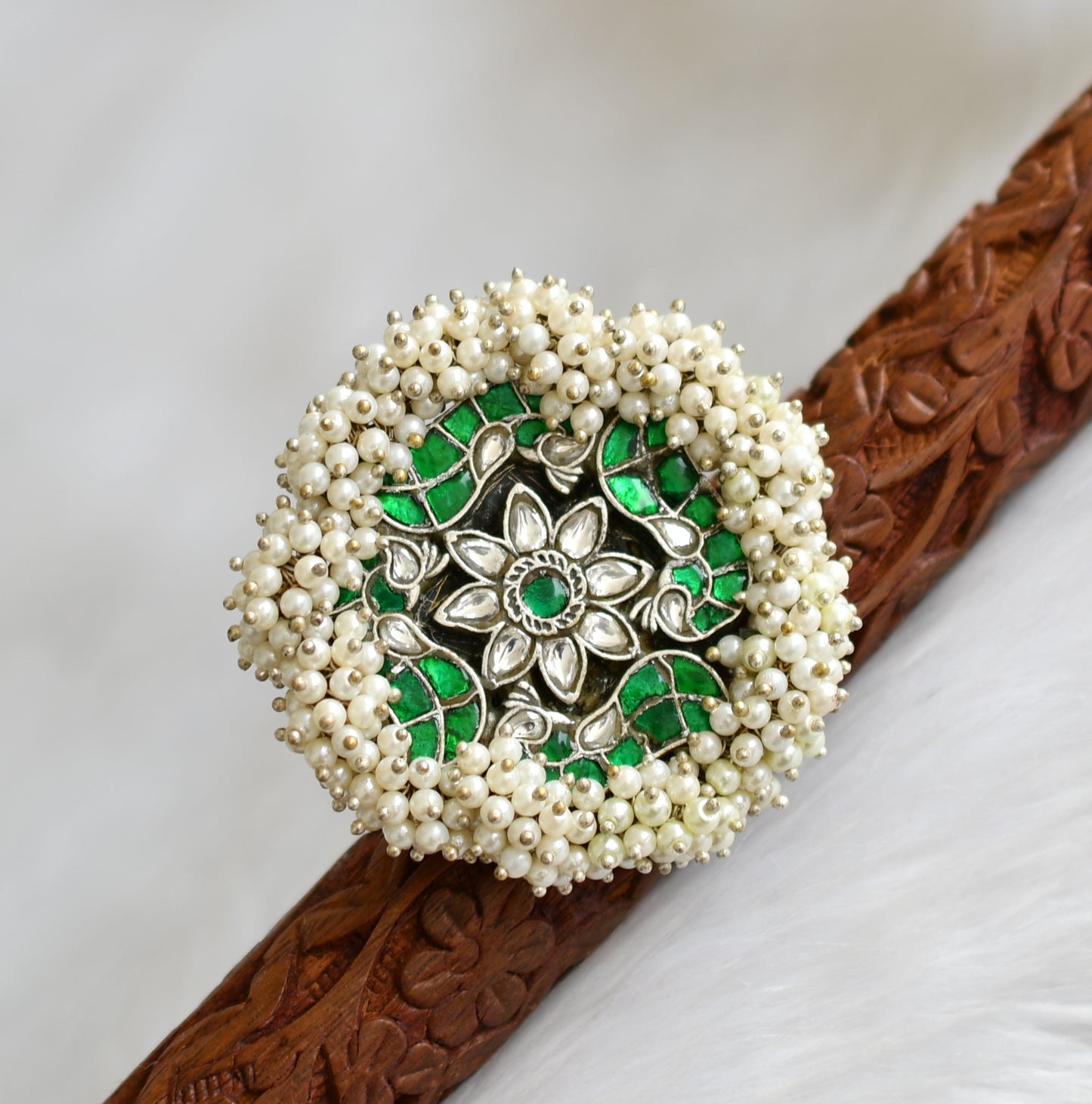 Silver tone pearl cluster green-white kundan jadau peacock adjustable finger ring dj-40203