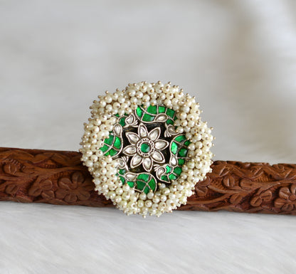 Silver tone pearl cluster green-white kundan jadau peacock adjustable finger ring dj-40203