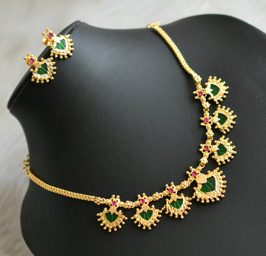 Gold tone pink-green palakka Kerala style necklace set dj-41483