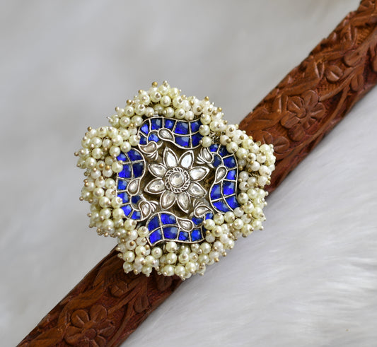 Silver tone pearl cluster blue-white kundan jadau peacock adjustable finger ring dj-40204