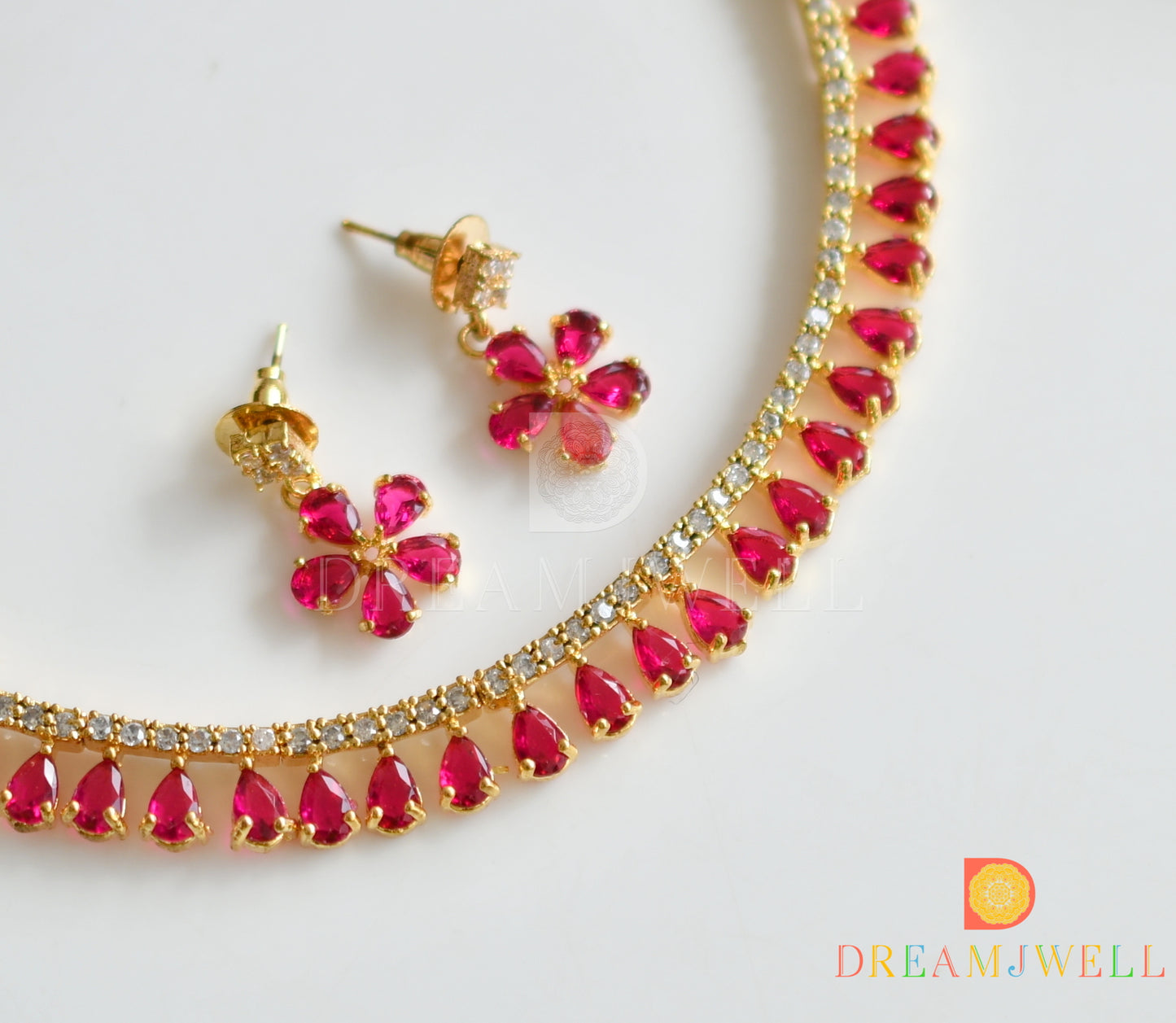 Gold tone cz dark pink flower necklace set dj-15256