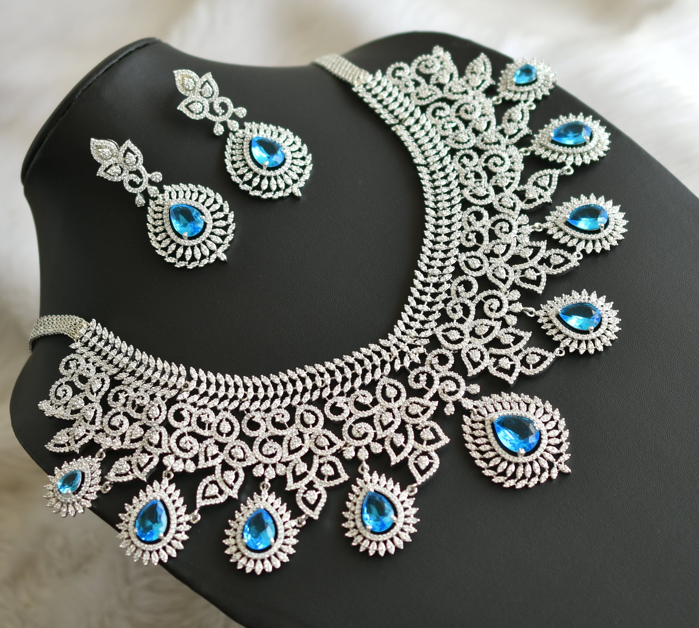 Statement American Diamond silver necklace, Indian Wedding Jewelry, Pa –  Indian Designs