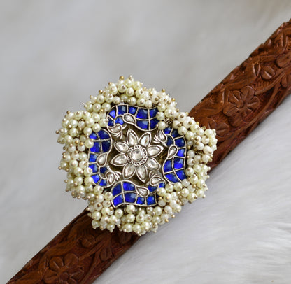 Silver tone pearl cluster blue-white kundan jadau peacock adjustable finger ring dj-40204