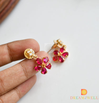 Gold tone cz dark pink flower necklace set dj-15256