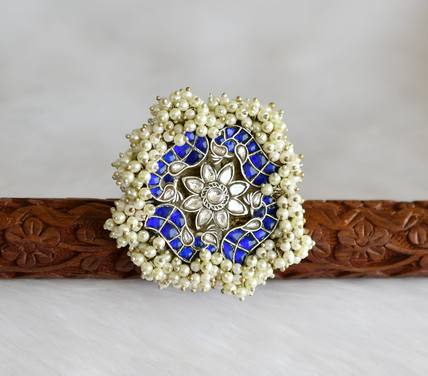 Silver tone pearl cluster blue-white kundan jadau peacock adjustable finger ring dj-40204