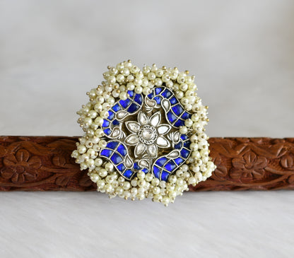 Silver tone pearl cluster blue-white kundan jadau peacock adjustable finger ring dj-40204