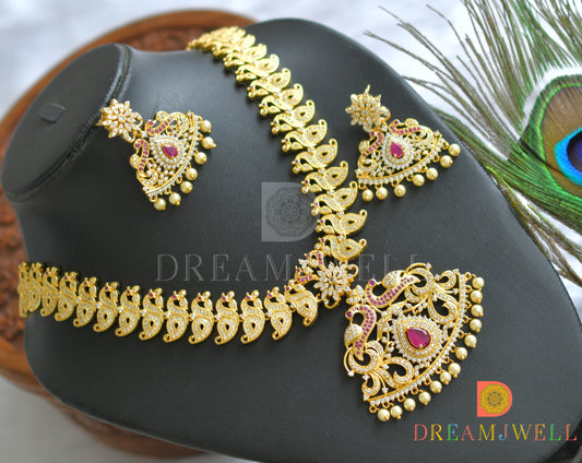 Gold tone ruby pearl peacock necklace set dj-03765