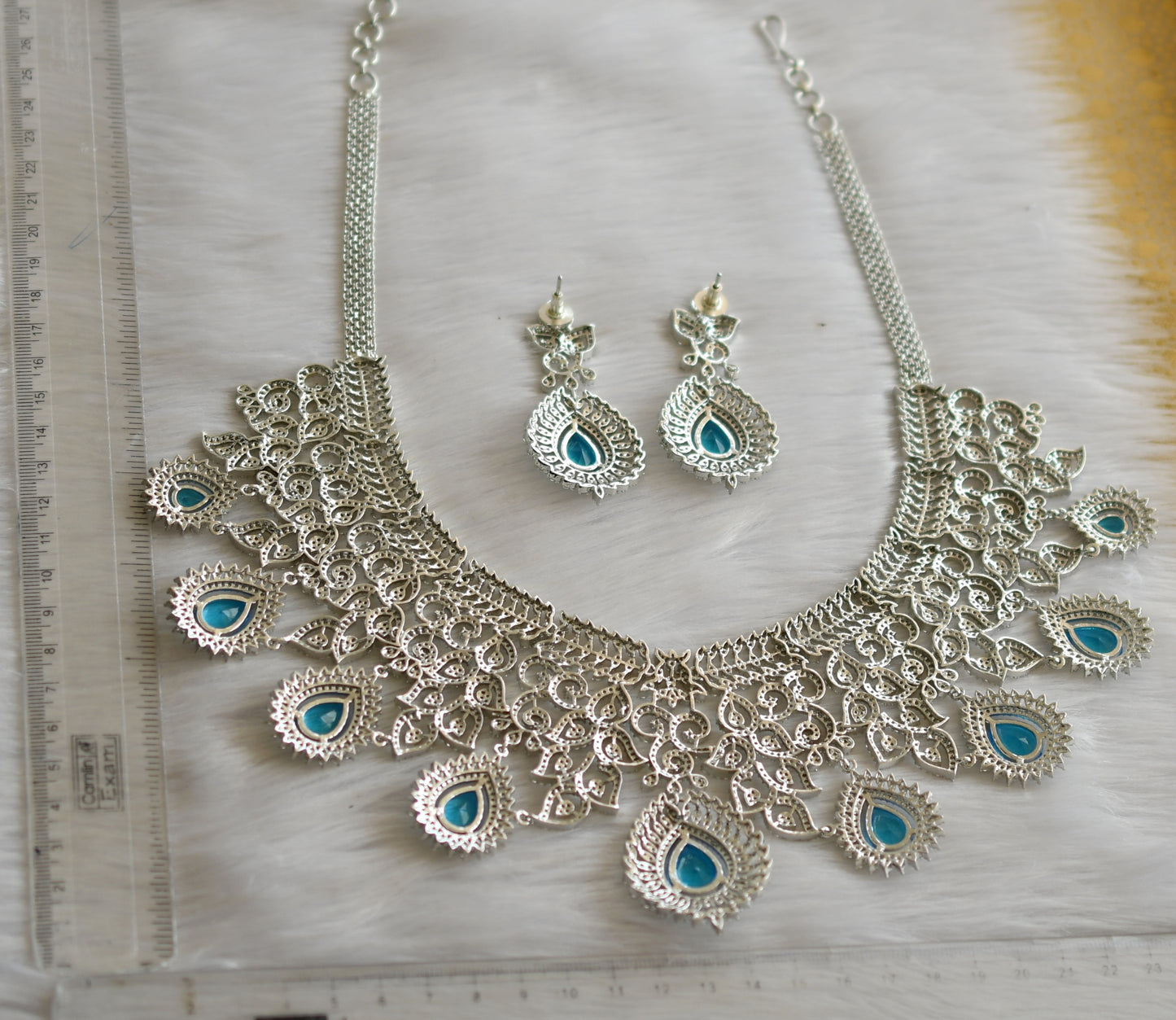 Silver tone cz white-sky blue stone bridal necklace set dj-41487