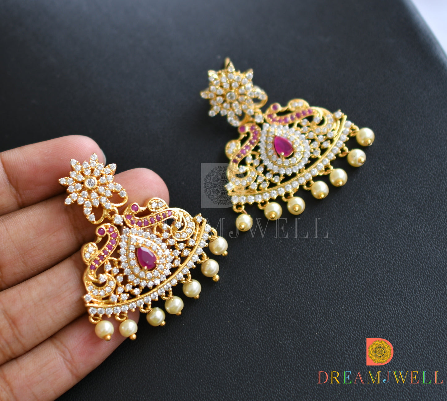 Gold tone ruby pearl peacock necklace set dj-03765