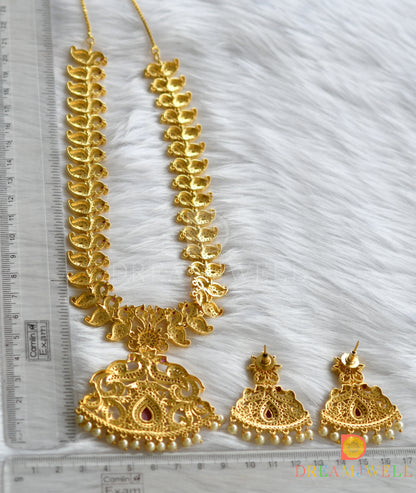 Gold tone ruby pearl peacock necklace set dj-03765