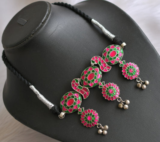 Silver tone pink-green kundan jadau peacock-flower choker necklace dj-40185
