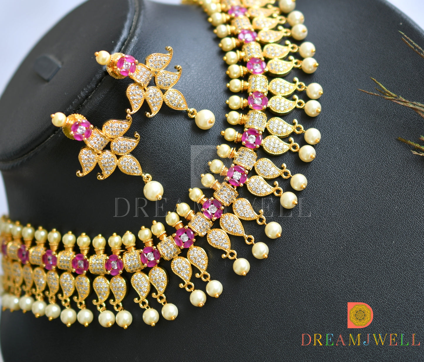 Gold tone ruby pearl mango necklace set dj-15987