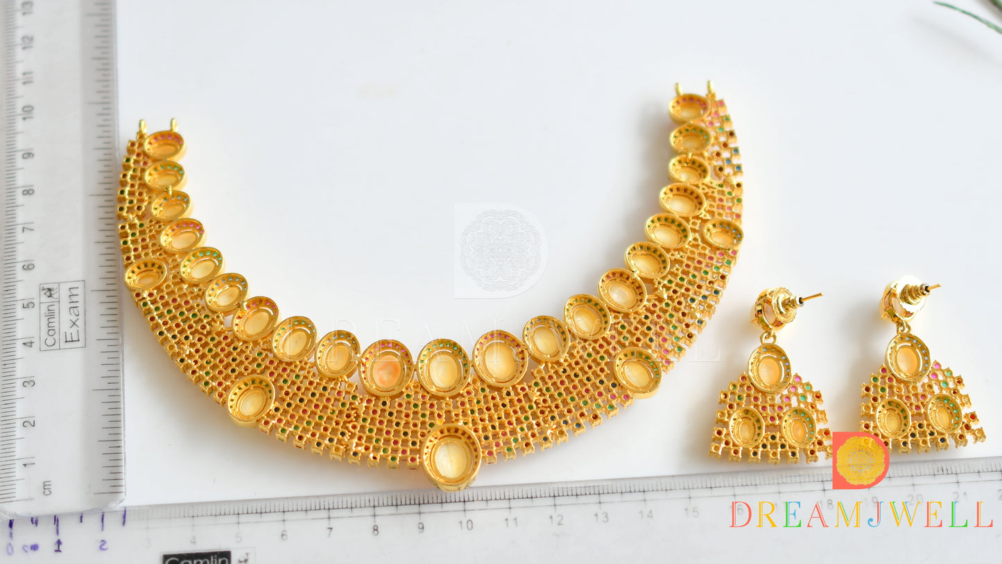 Gold tone Cz Navarathna semi precious designer necklace set dj-18325