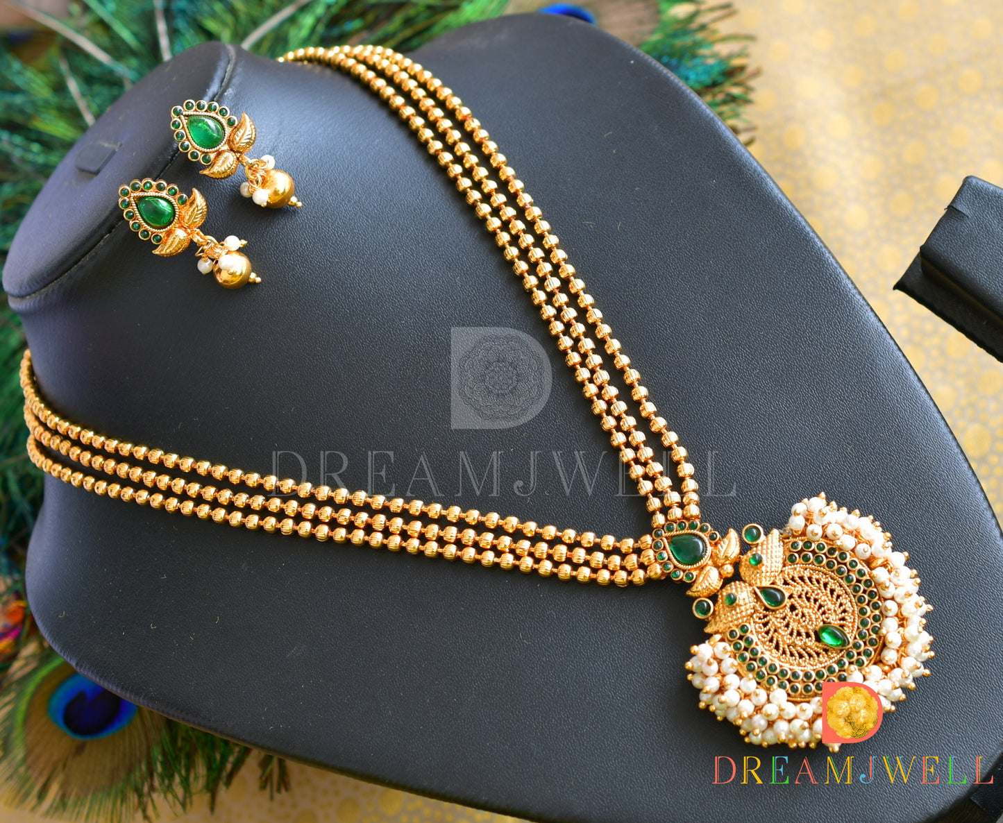 Antique gold tone ball chain green pearl cluster necklace set dj-16506