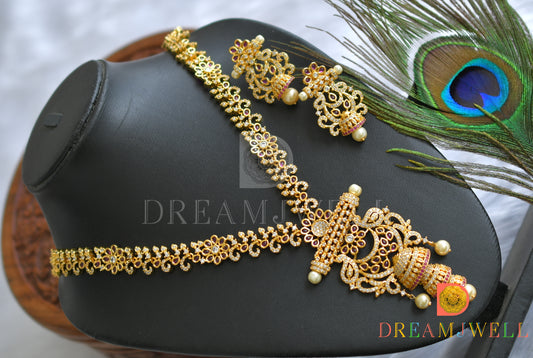 Gold tone cz Kemp-green pearl jhumkka pendant haar set dj-11458