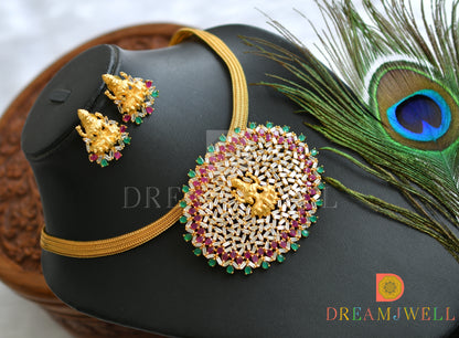 Gold tone ruby-emerald polki stones Lakshmi necklace set dj-15349