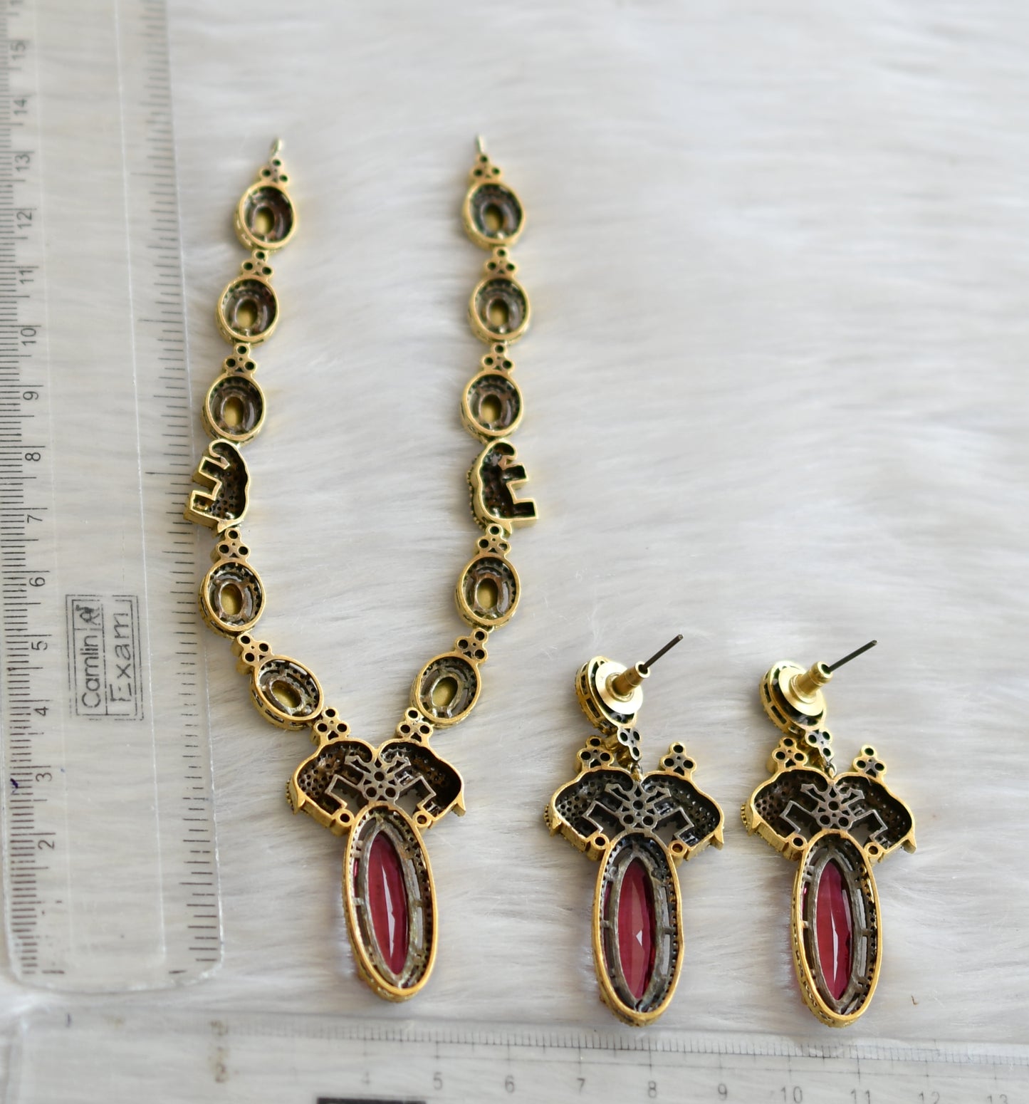 Antique cz Magenta pink victorian Elephant necklace set dj-41504