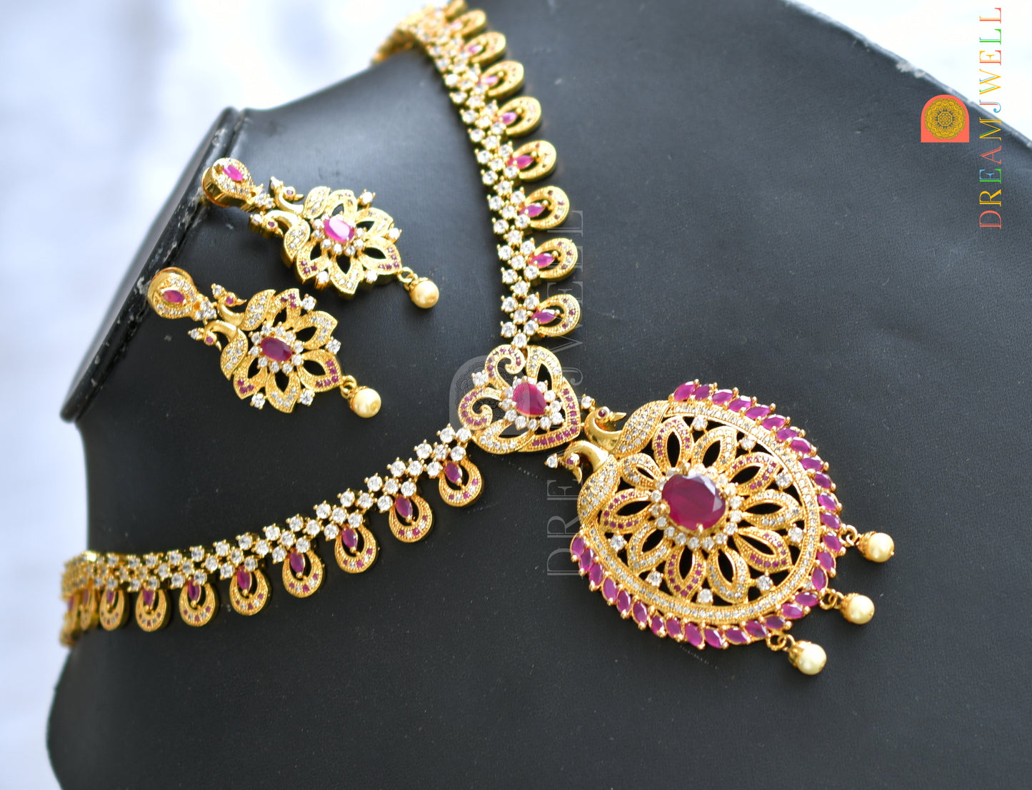 Gold tone cz ruby-white peacock haar set dj-18461