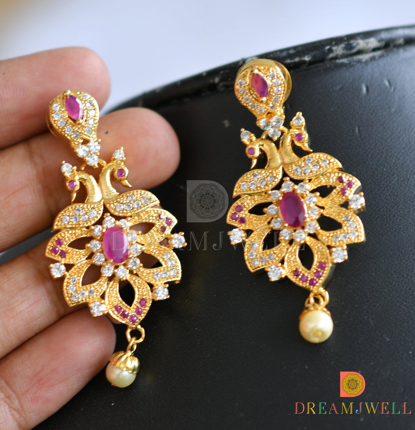 Gold tone cz ruby-white peacock haar set dj-18461