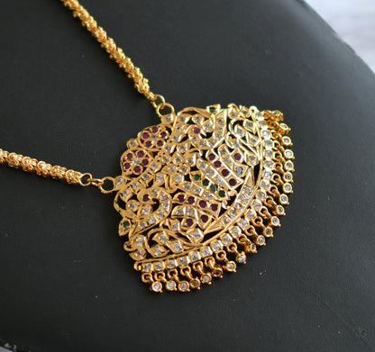 Gold tone ruby-emerald-white stone swan-Lotus south Indian pendant with chain dj-38792