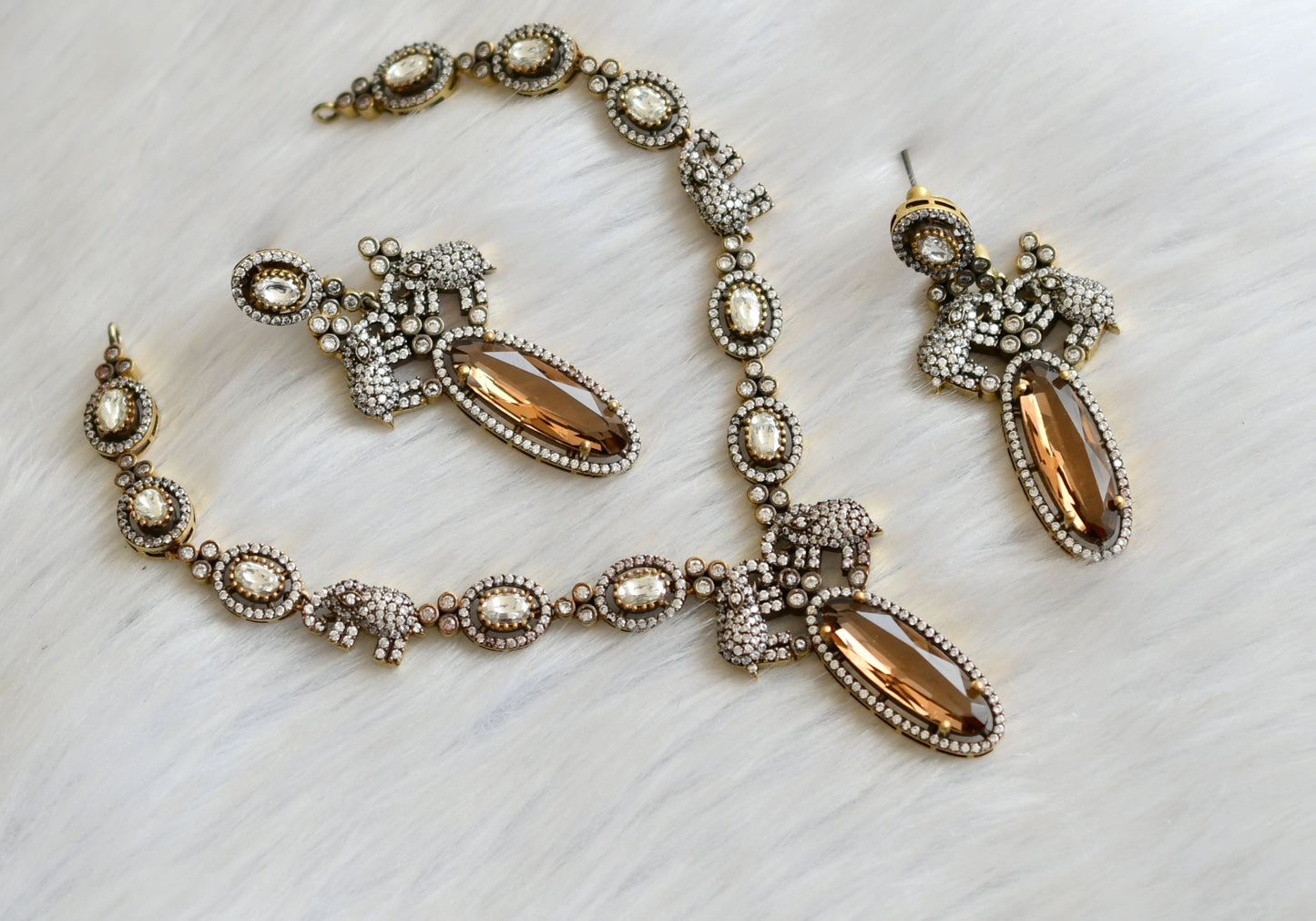 Antique cz honey brown victorian Elephant necklace set dj-41508