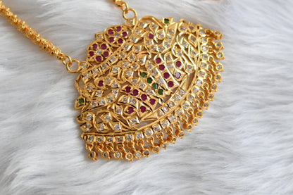 Gold tone ruby-emerald-white stone swan-Lotus south Indian pendant with chain dj-38792