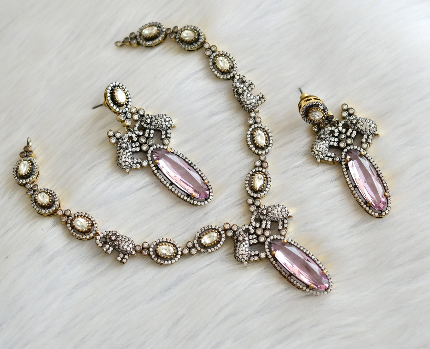 Oxidised silver tone cz baby pink victorian Elephant necklace set dj-41510