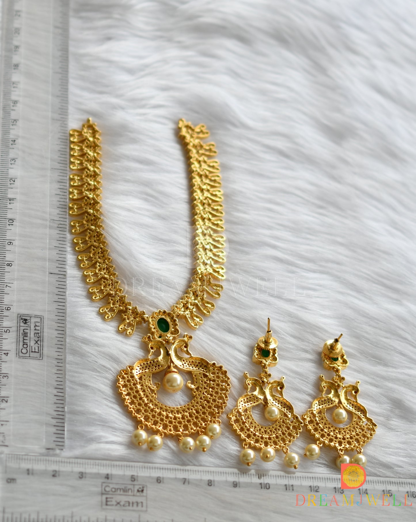 Gold tone cz ruby-emerald peacock necklace set dj-04599